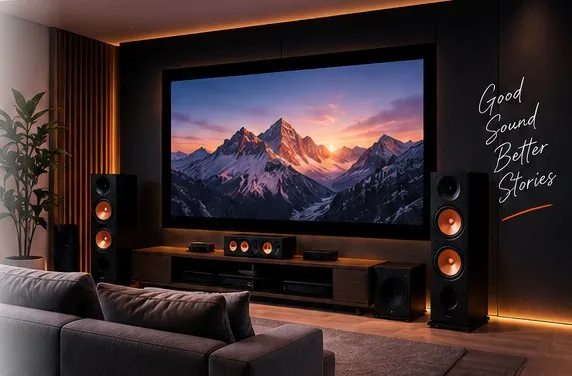 Cameră home cinema cu ecran mare, boxe de podea și subwoofer